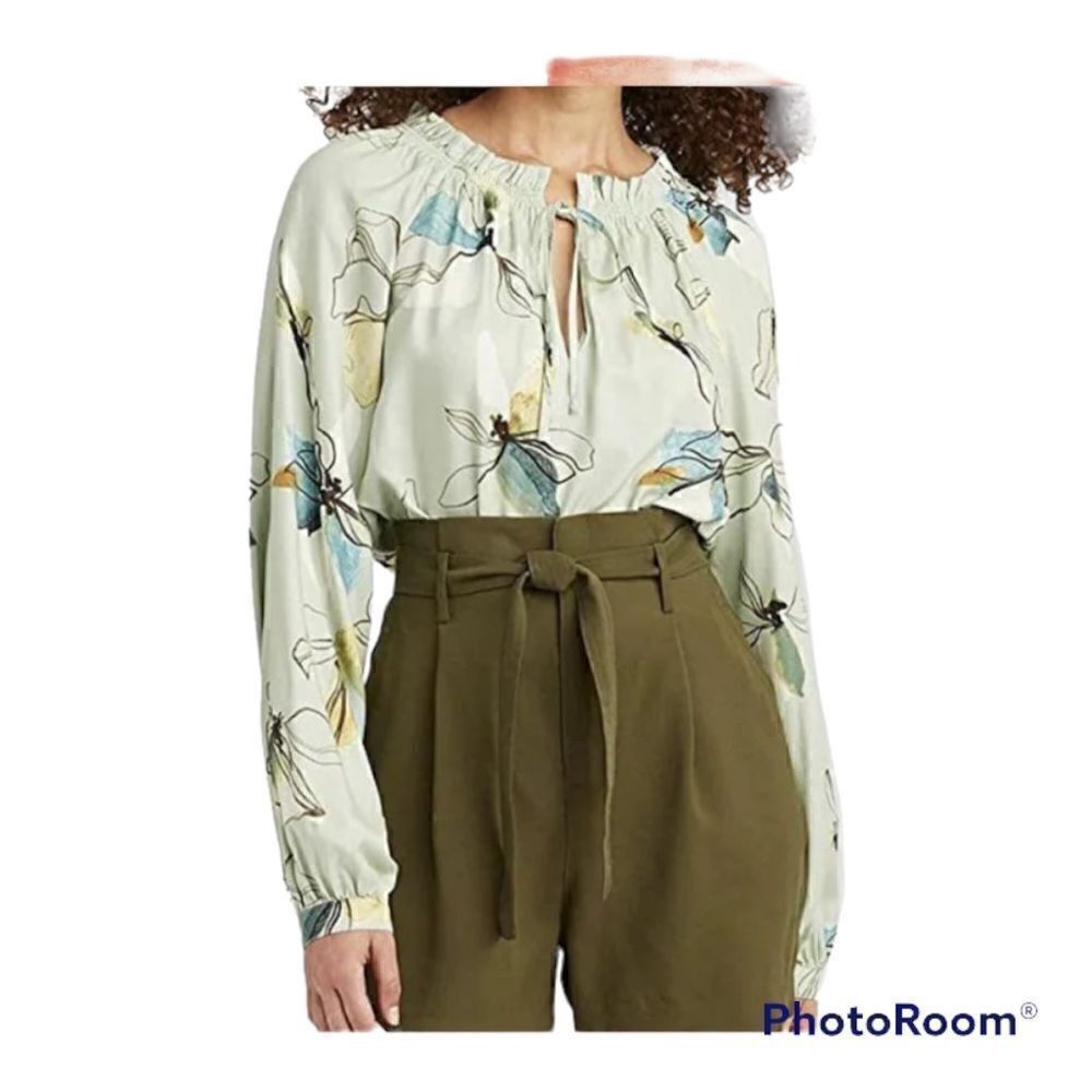 A New Day Light Green Floral Long Sleeve Blouse Medium